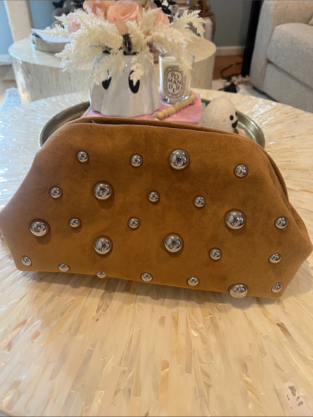 a new day Tan Suede Clutch with Silver Studs